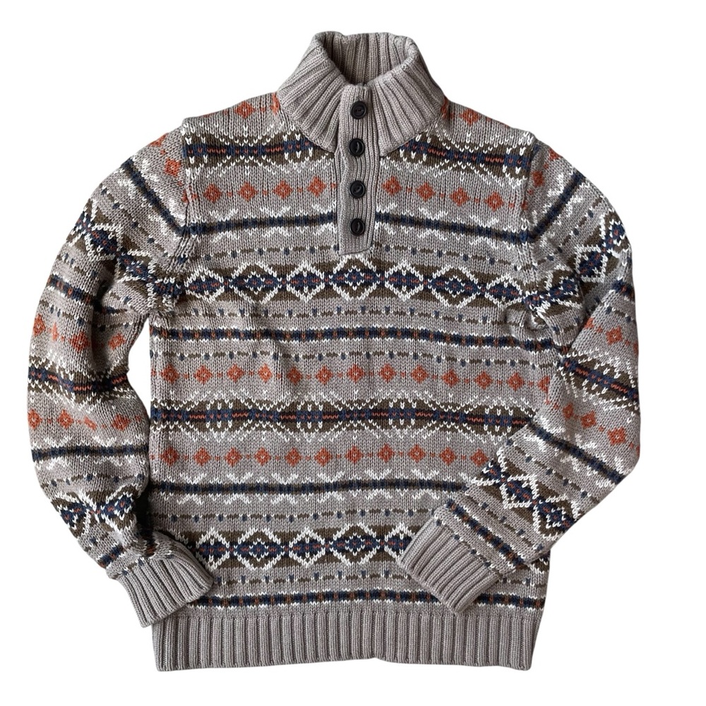 G.H. Bass Men’s Henley Faire Isle Sweater Size M Tan Blue Orange